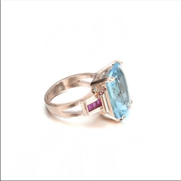 New Women’s Men Yellow Gold Plated Aquamarine Ring - Picture 3 of 5